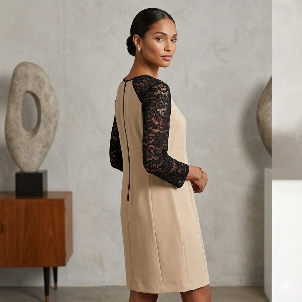 Chicos Women Beige Shift Dress Black Lace 3/4 Sleeve Size 3 XL Church‎ Wedding